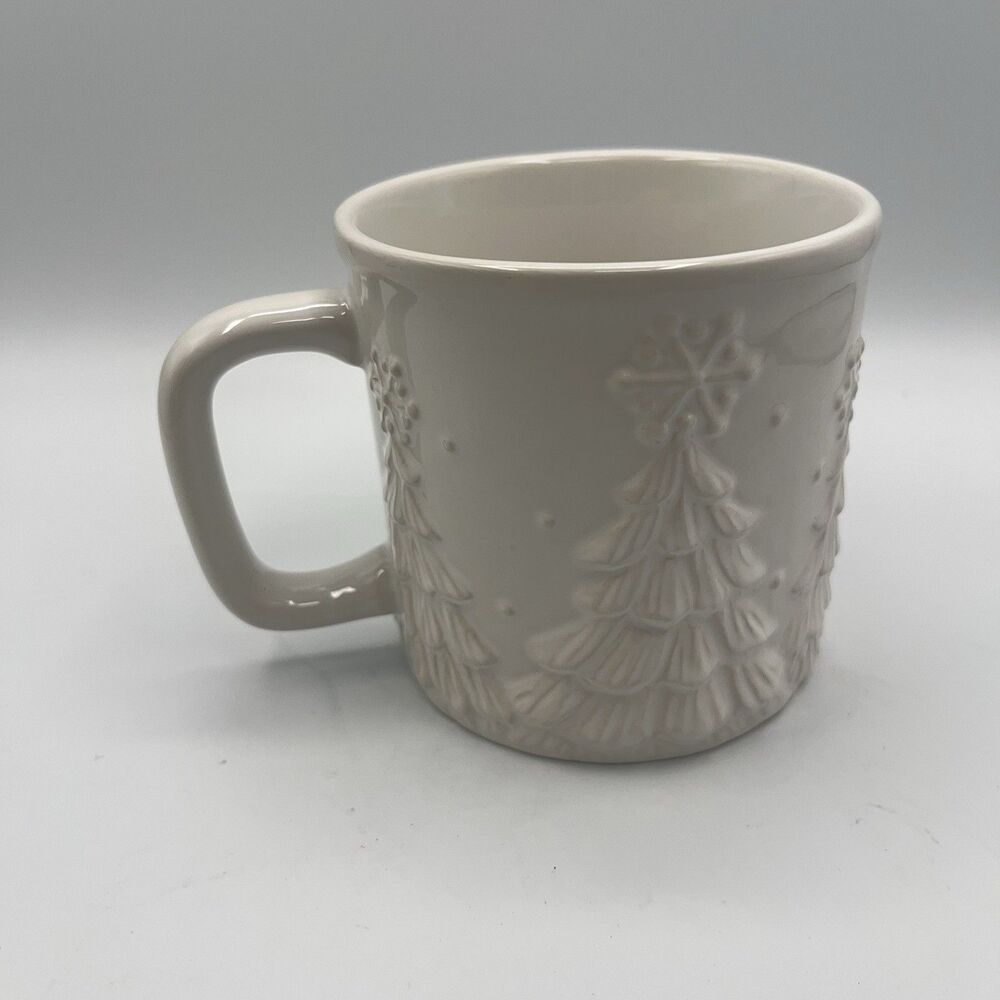 Temptations Mug White Embossed Christmas Trees & Snowflakes 16 oz
